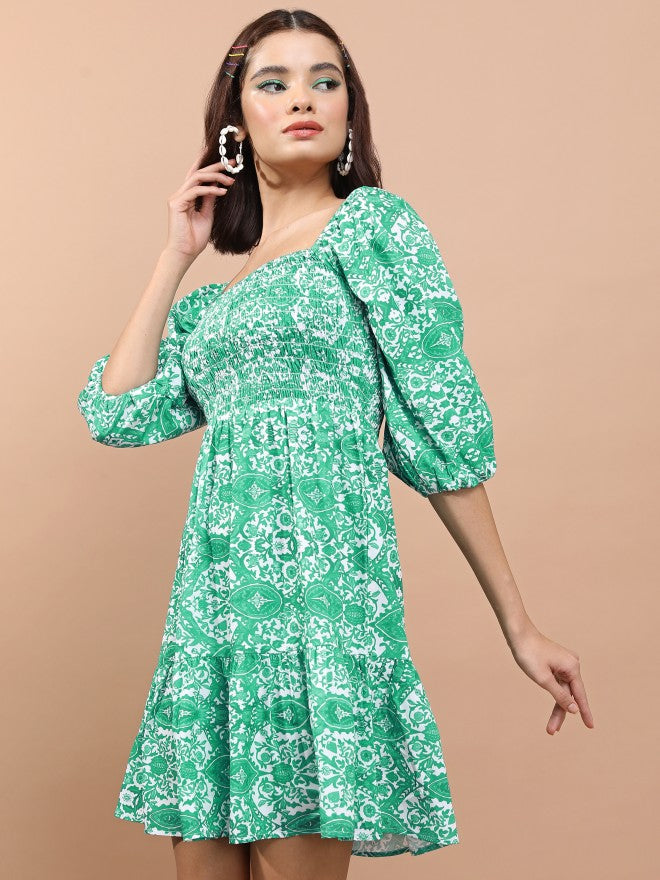 Tokyo Talkies Women Green Printed Fit And Flare Dress - Green - Image 4
