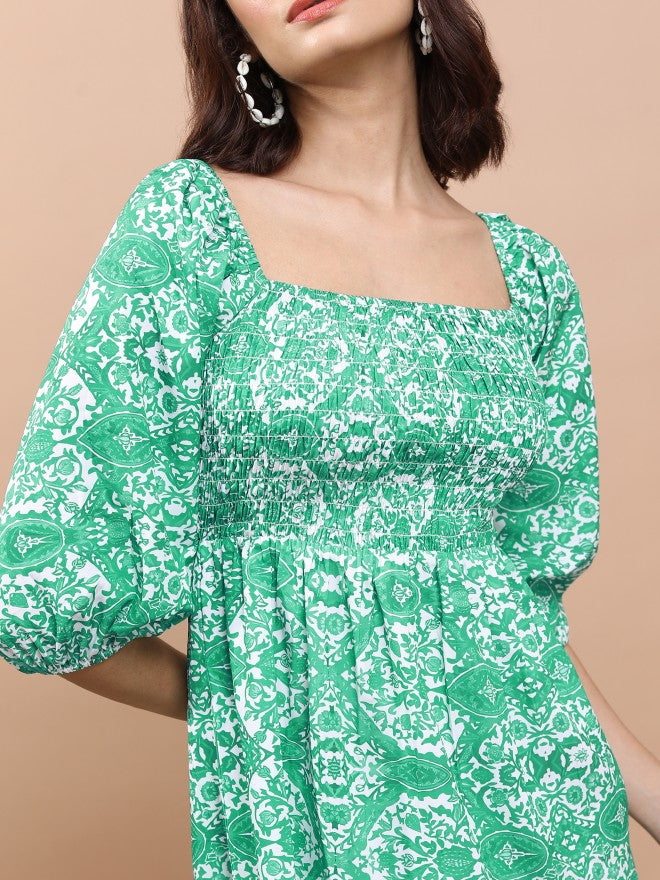 Tokyo Talkies Women Green Printed Fit And Flare Dress - Green - Image 5