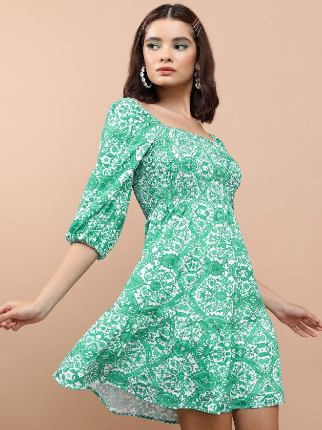 Tokyo Talkies Women Green Printed Fit And Flare Dress - Green - Image 6