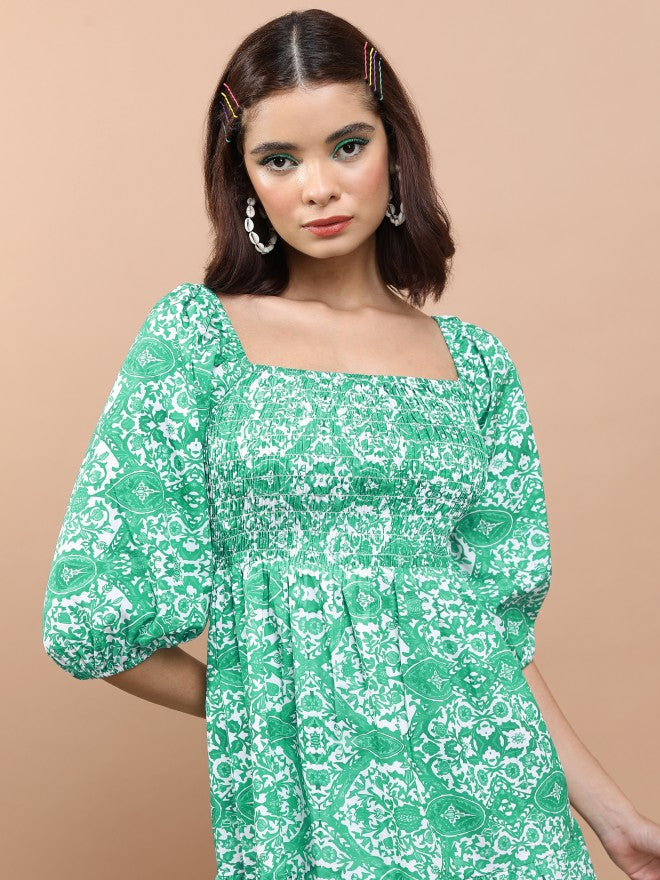 Tokyo Talkies Women Green Printed Fit And Flare Dress - Green - Image 7