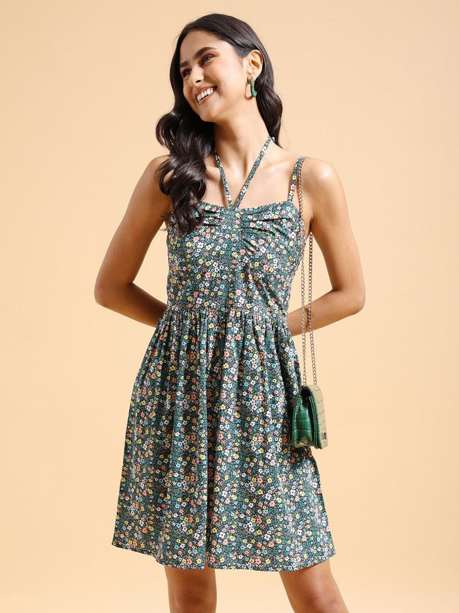 Tokyo Talkies Women Green/Multi Printed A-Line Dress - Navy Blue - Image 1