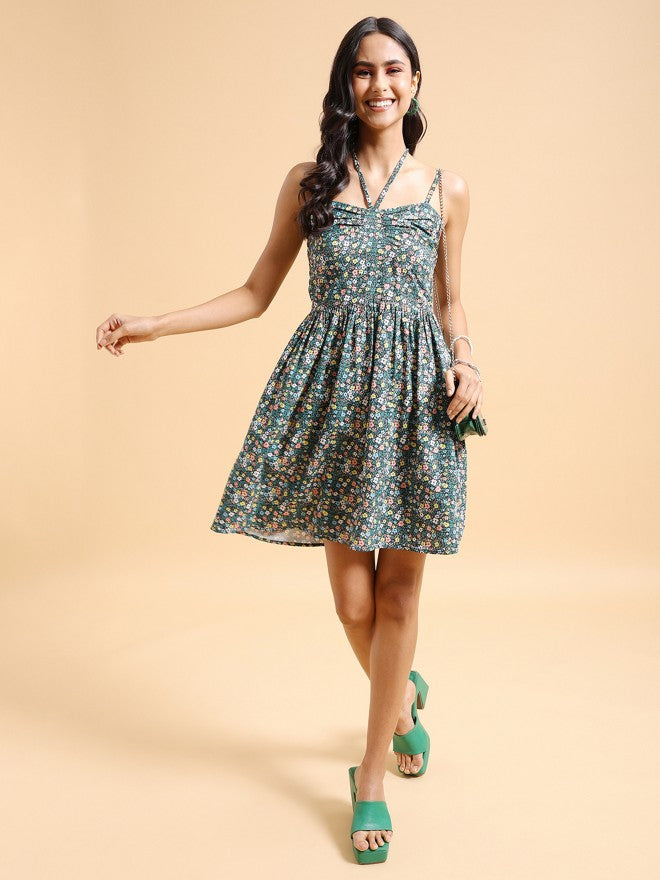 Tokyo Talkies Women Green/Multi Printed A-Line Dress - Navy Blue - Image 2