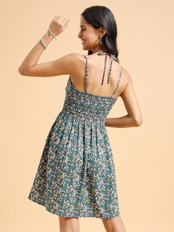 Tokyo Talkies Women Green/Multi Printed A-Line Dress - Navy Blue - Image 3