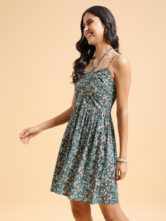 Tokyo Talkies Women Green/Multi Printed A-Line Dress - Navy Blue - Image 4