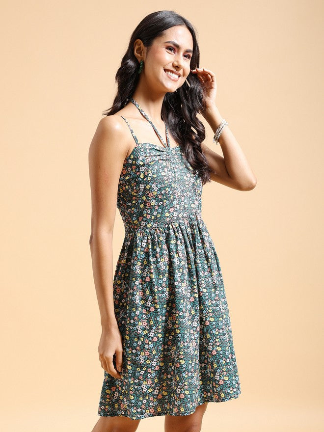 Tokyo Talkies Women Green/Multi Printed A-Line Dress - Navy Blue - Image 6
