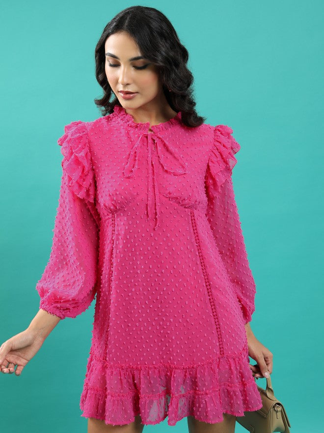 Tokyo Talkies Women Fuchsia Self Design A-Line Dress - Fuchsia - Image 1