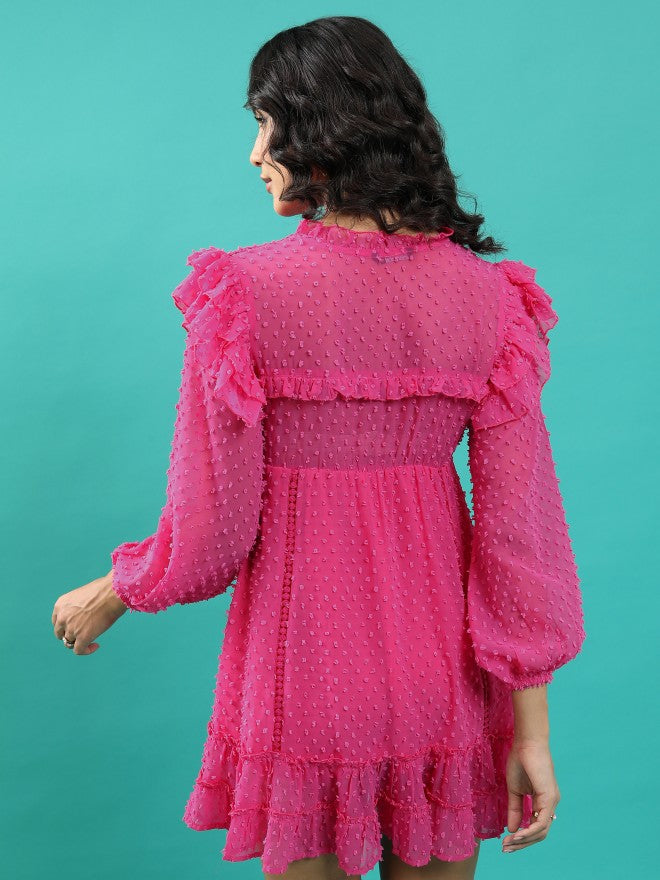 Tokyo Talkies Women Fuchsia Self Design A-Line Dress - Fuchsia - Image 3