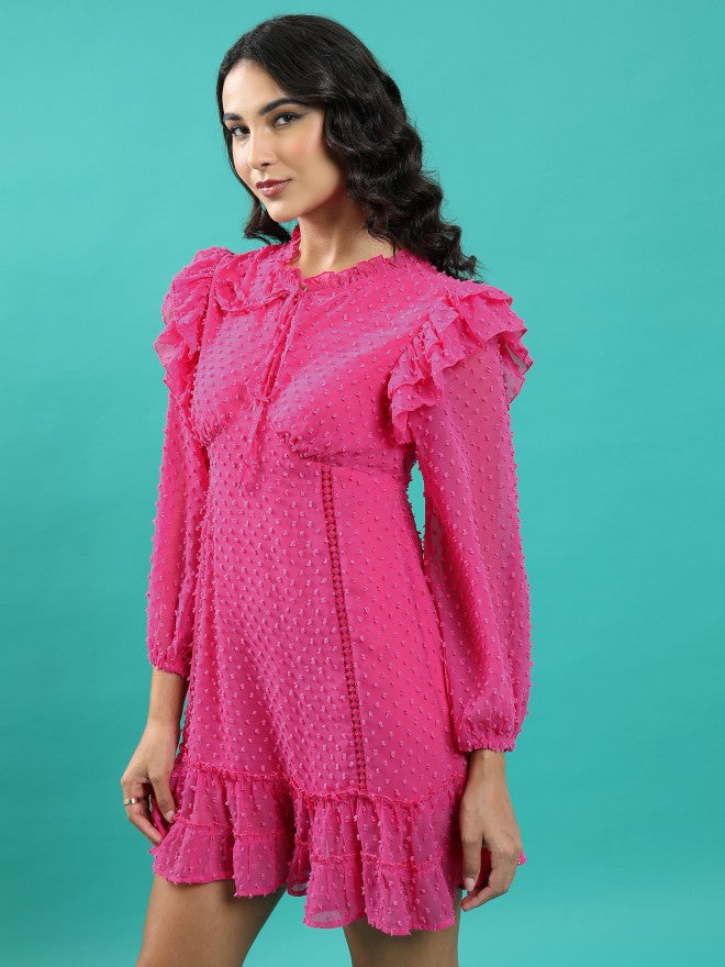 Tokyo Talkies Women Fuchsia Self Design A-Line Dress - Fuchsia - Image 4