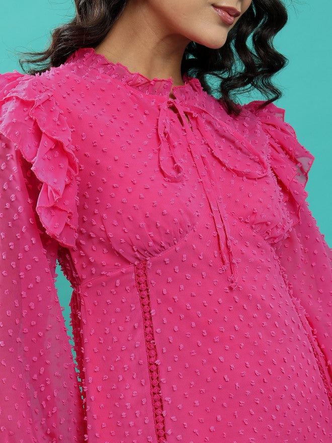 Tokyo Talkies Women Fuchsia Self Design A-Line Dress - Fuchsia - Image 5