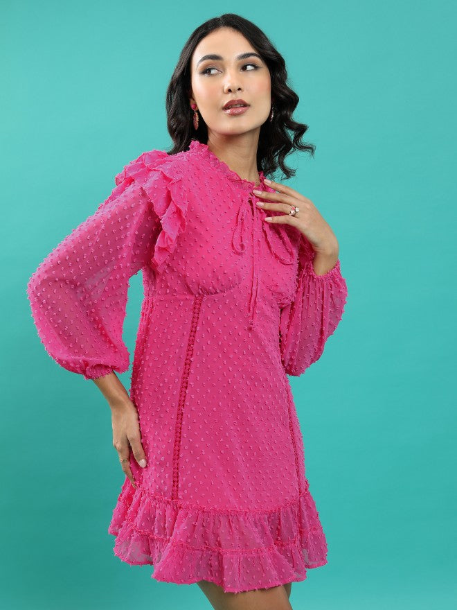 Tokyo Talkies Women Fuchsia Self Design A-Line Dress - Fuchsia - Image 6