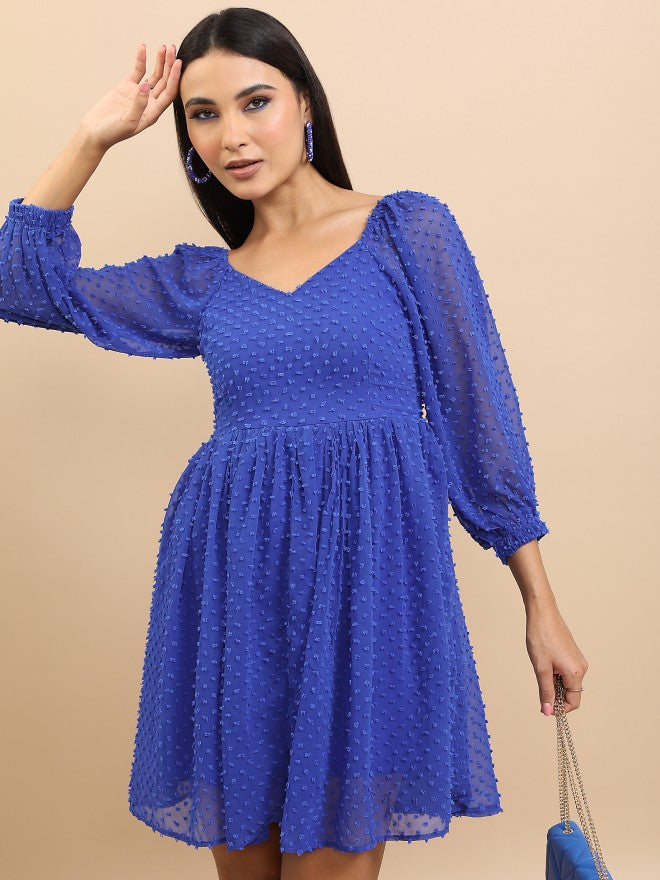 Tokyo Talkies Women Blue Self Design Fit And Flare Dress - Blue - Image 1
