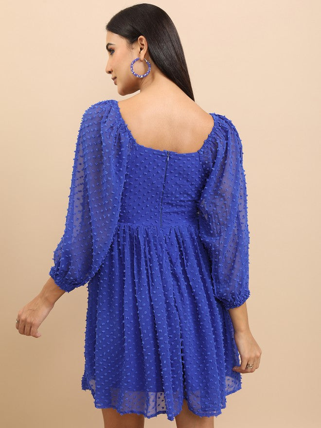 Tokyo Talkies Women Blue Self Design Fit And Flare Dress - Blue - Image 3