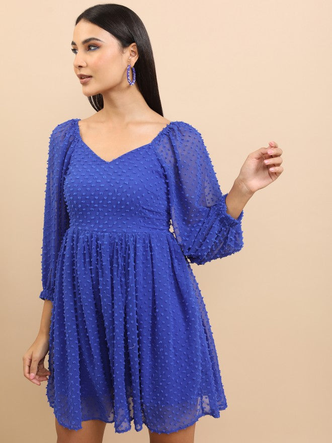 Tokyo Talkies Women Blue Self Design Fit And Flare Dress - Blue - Image 4