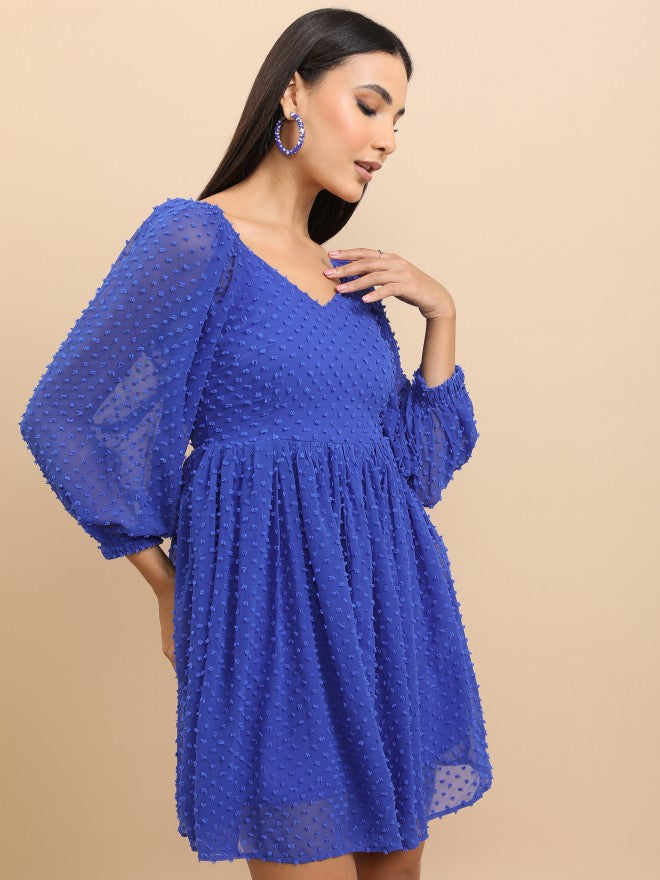 Tokyo Talkies Women Blue Self Design Fit And Flare Dress - Blue - Image 6