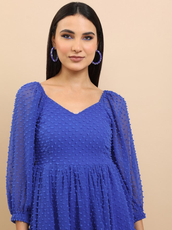 Tokyo Talkies Women Blue Self Design Fit And Flare Dress - Blue - Image 7