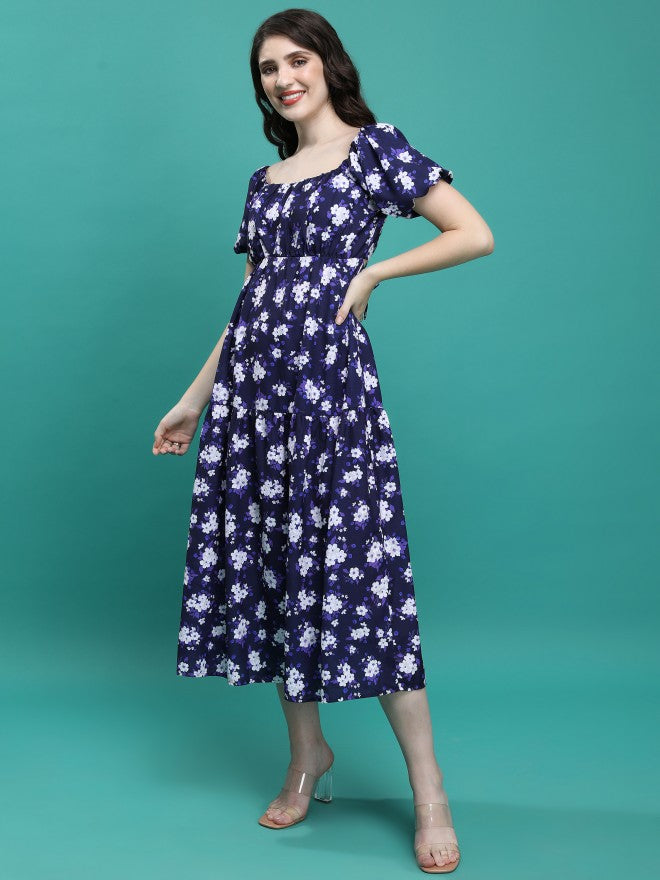 Tokyo Talkies Women Blue Printed A-Line Dress - Blue - Image 2