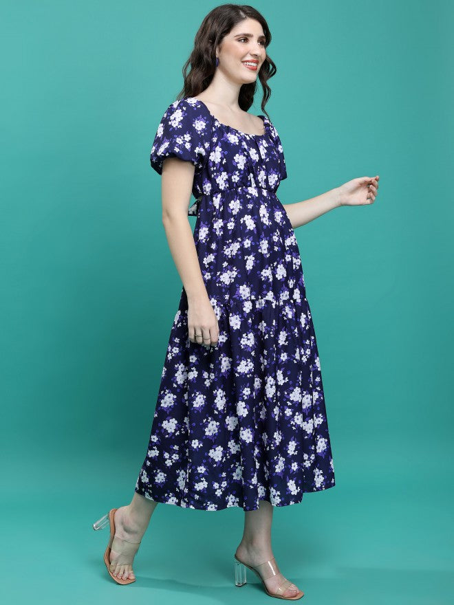 Tokyo Talkies Women Blue Printed A-Line Dress - Blue - Image 4