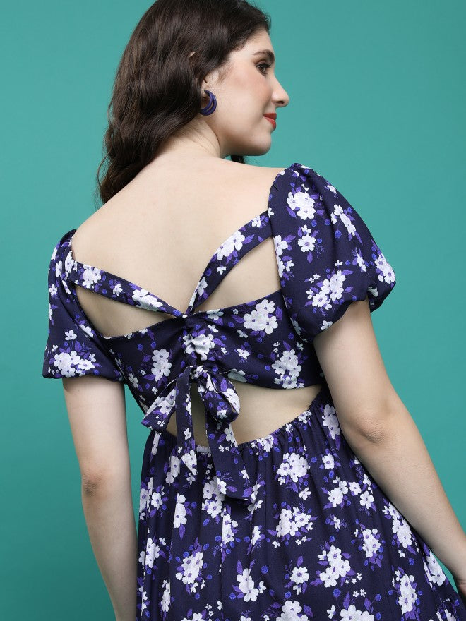 Tokyo Talkies Women Blue Printed A-Line Dress - Blue - Image 5