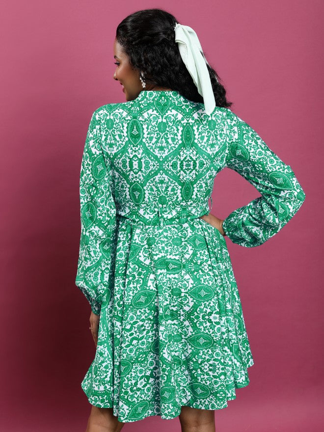 Tokyo Talkies Women Green Printed A-Line Dress - Green - Image 3