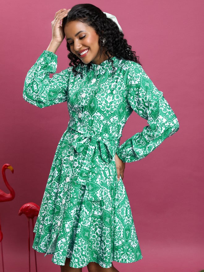 Tokyo Talkies Women Green Printed A-Line Dress - Green - Image 4