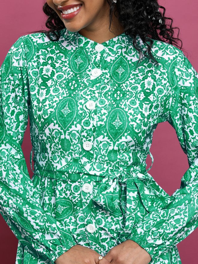 Tokyo Talkies Women Green Printed A-Line Dress - Green - Image 5