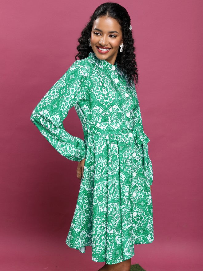 Tokyo Talkies Women Green Printed A-Line Dress - Green - Image 6