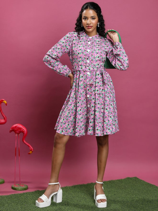 Tokyo Talkies Women Pink/Purple/Multi Printed A-Line Dress - Pink - Image 2