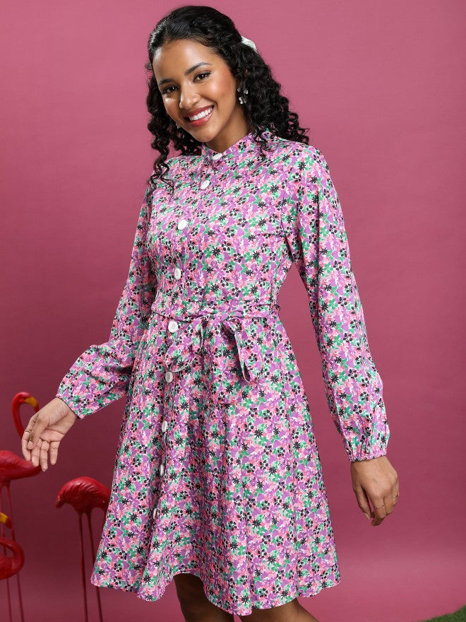 Tokyo Talkies Women Pink/Purple/Multi Printed A-Line Dress - Pink - Image 4
