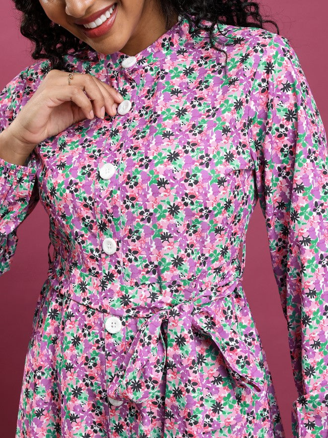Tokyo Talkies Women Pink/Purple/Multi Printed A-Line Dress - Pink - Image 5