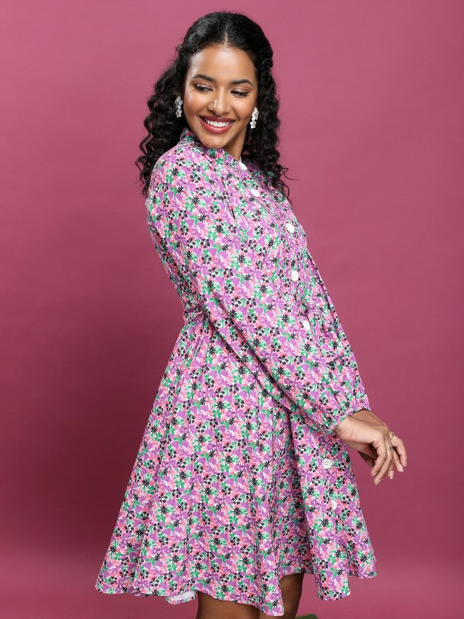 Tokyo Talkies Women Pink/Purple/Multi Printed A-Line Dress - Pink - Image 6