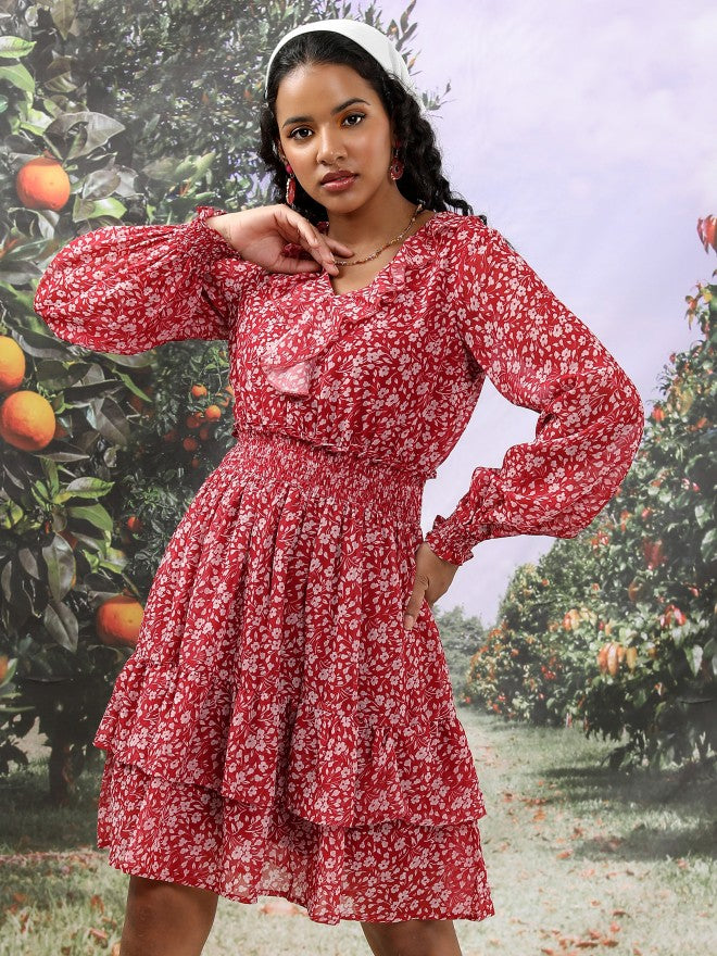 Tokyo Talkies Women Maroon Printed Fit And Flare Dress - Maroon - Image 1
