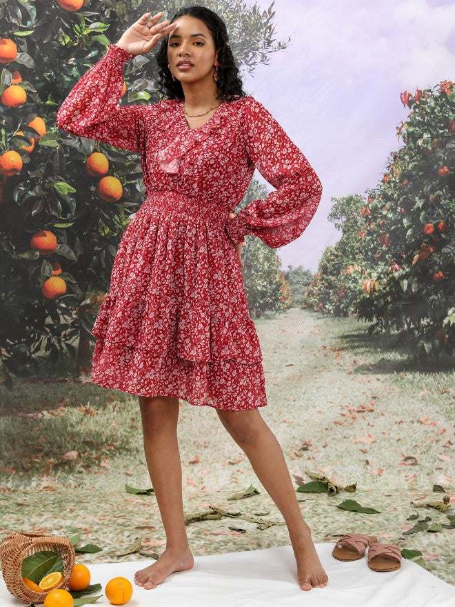 Tokyo Talkies Women Maroon Printed Fit And Flare Dress - Maroon - Image 2