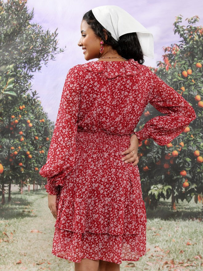 Tokyo Talkies Women Maroon Printed Fit And Flare Dress - Maroon - Image 3