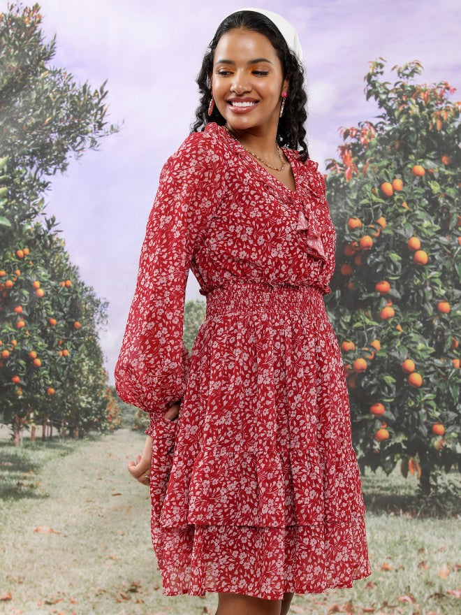 Tokyo Talkies Women Maroon Printed Fit And Flare Dress - Maroon - Image 6
