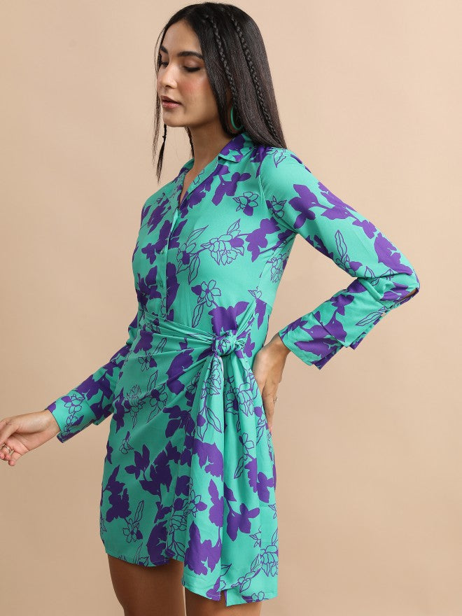 Tokyo Talkies Women Green Printed Shirt Dress - Green - Image 4
