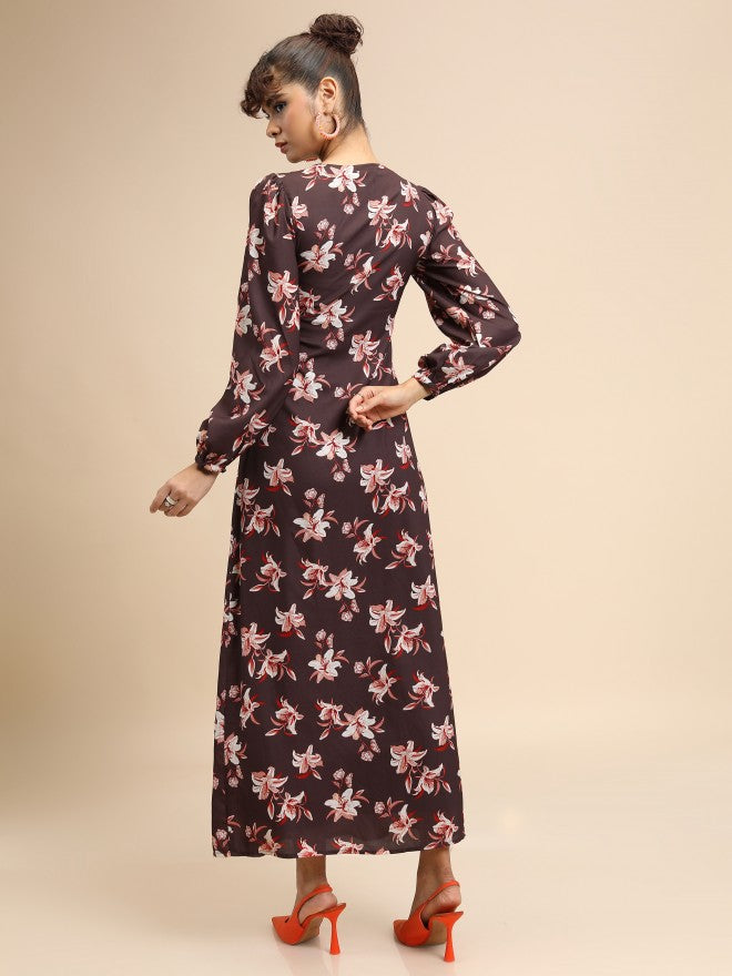 Tokyo Talkies Women Maroon Printed Maxi Dress - Maroon - Image 3