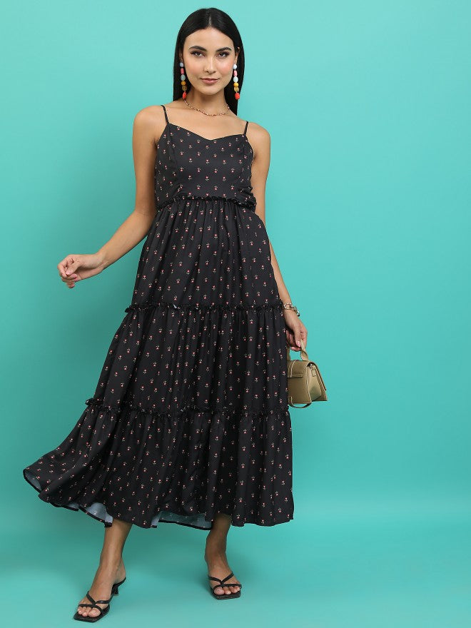 Tokyo Talkies Women Black Printed Fit And Flare Dress - Black - Image 1