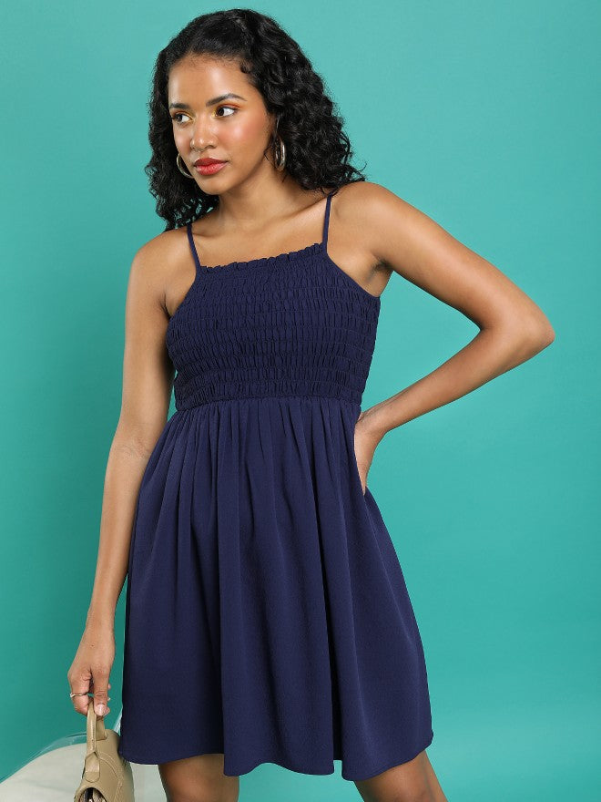 Tokyo Talkies Women Navy Blue Solid Fit And Flare Dress - Navy Blue - Image 1