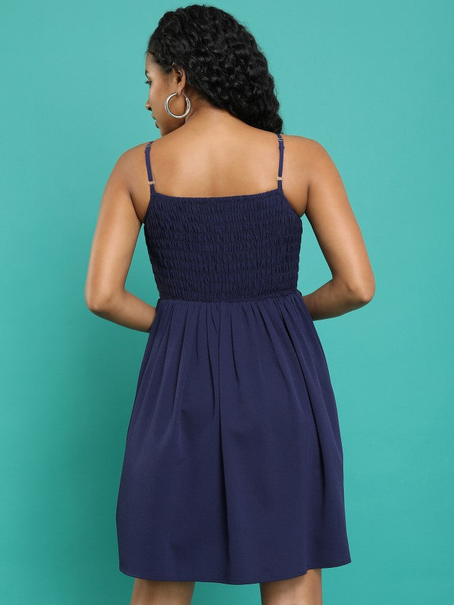 Tokyo Talkies Women Navy Blue Solid Fit And Flare Dress - Navy Blue - Image 3