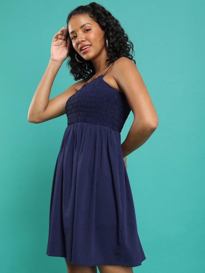 Tokyo Talkies Women Navy Blue Solid Fit And Flare Dress - Navy Blue - Image 4