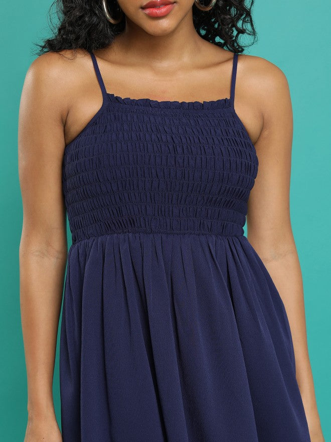 Tokyo Talkies Women Navy Blue Solid Fit And Flare Dress - Navy Blue - Image 5