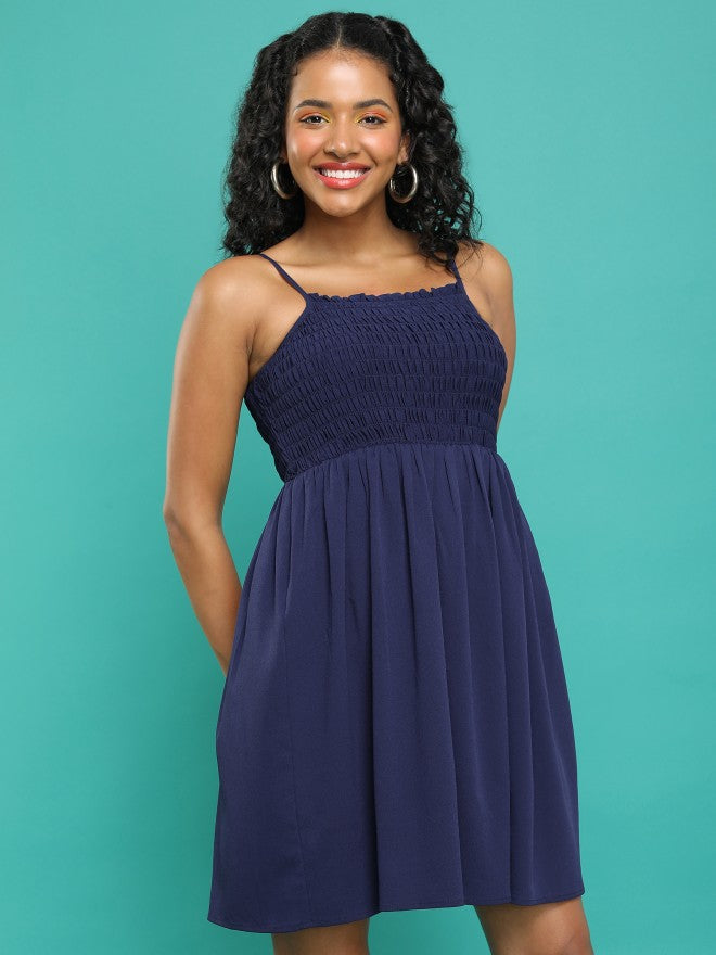 Tokyo Talkies Women Navy Blue Solid Fit And Flare Dress - Navy Blue - Image 6