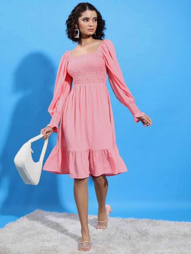 Tokyo Talkies Women Pink Solid Drop-Waist Dress - Pink - Image 1