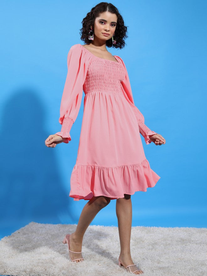 Tokyo Talkies Women Pink Solid Drop-Waist Dress - Pink - Image 4