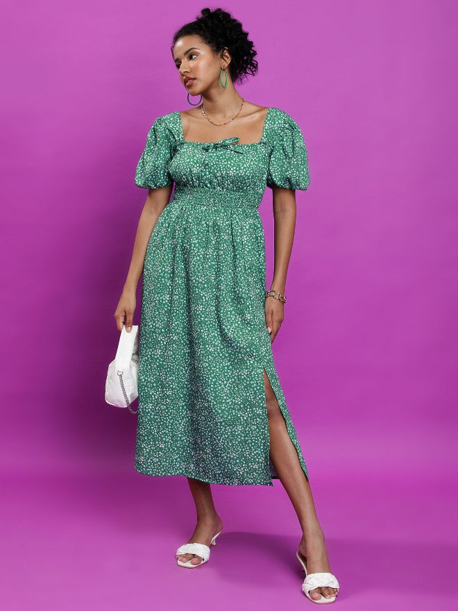 Tokyo Talkies Women Green Printed A-Line Dress - Green - Image 1
