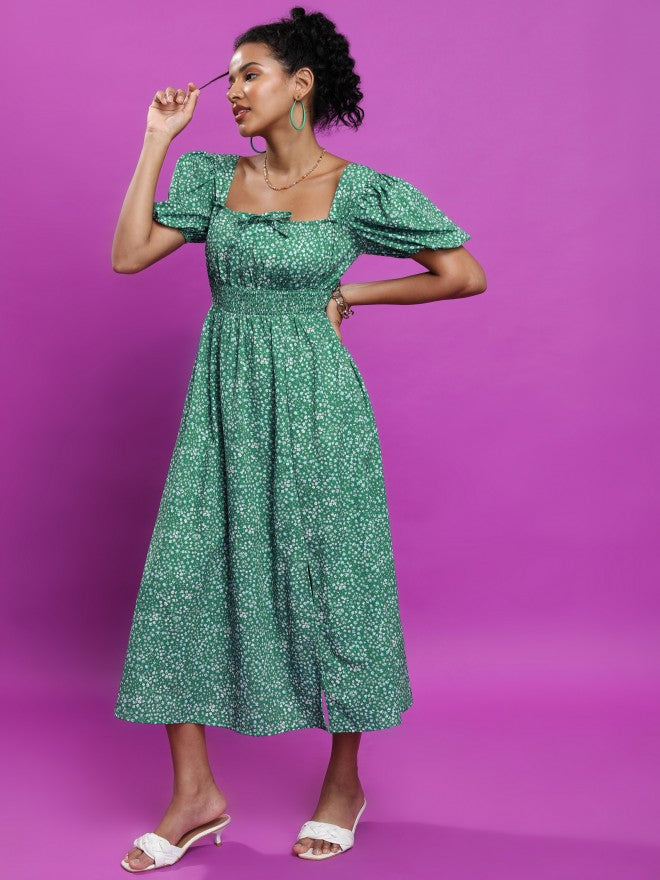 Tokyo Talkies Women Green Printed A-Line Dress - Green - Image 2