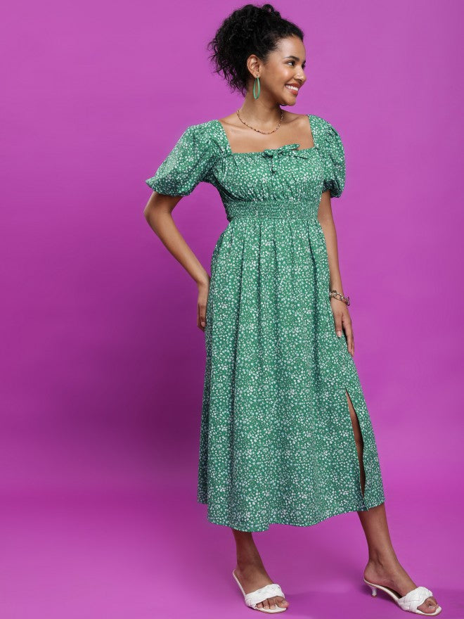 Tokyo Talkies Women Green Printed A-Line Dress - Green - Image 4