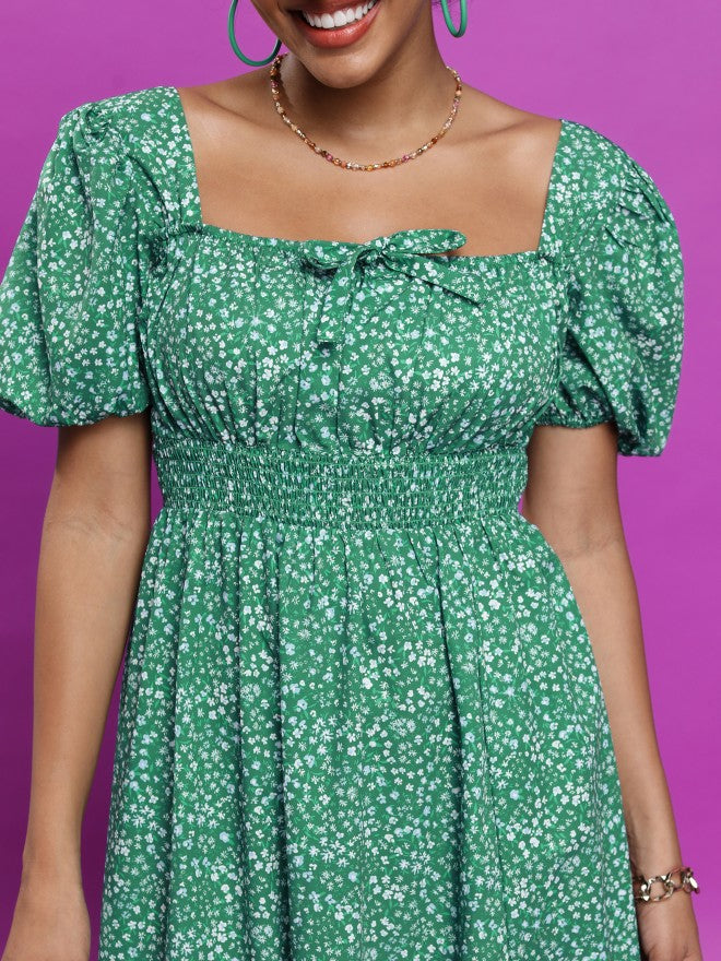 Tokyo Talkies Women Green Printed A-Line Dress - Green - Image 5