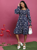 Tokyo Talkies Women Navy Printed A-Line Dress - Navy Blue - Image 1