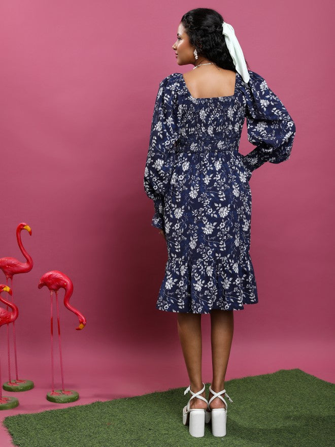Tokyo Talkies Women Navy Printed A-Line Dress - Navy Blue - Image 3